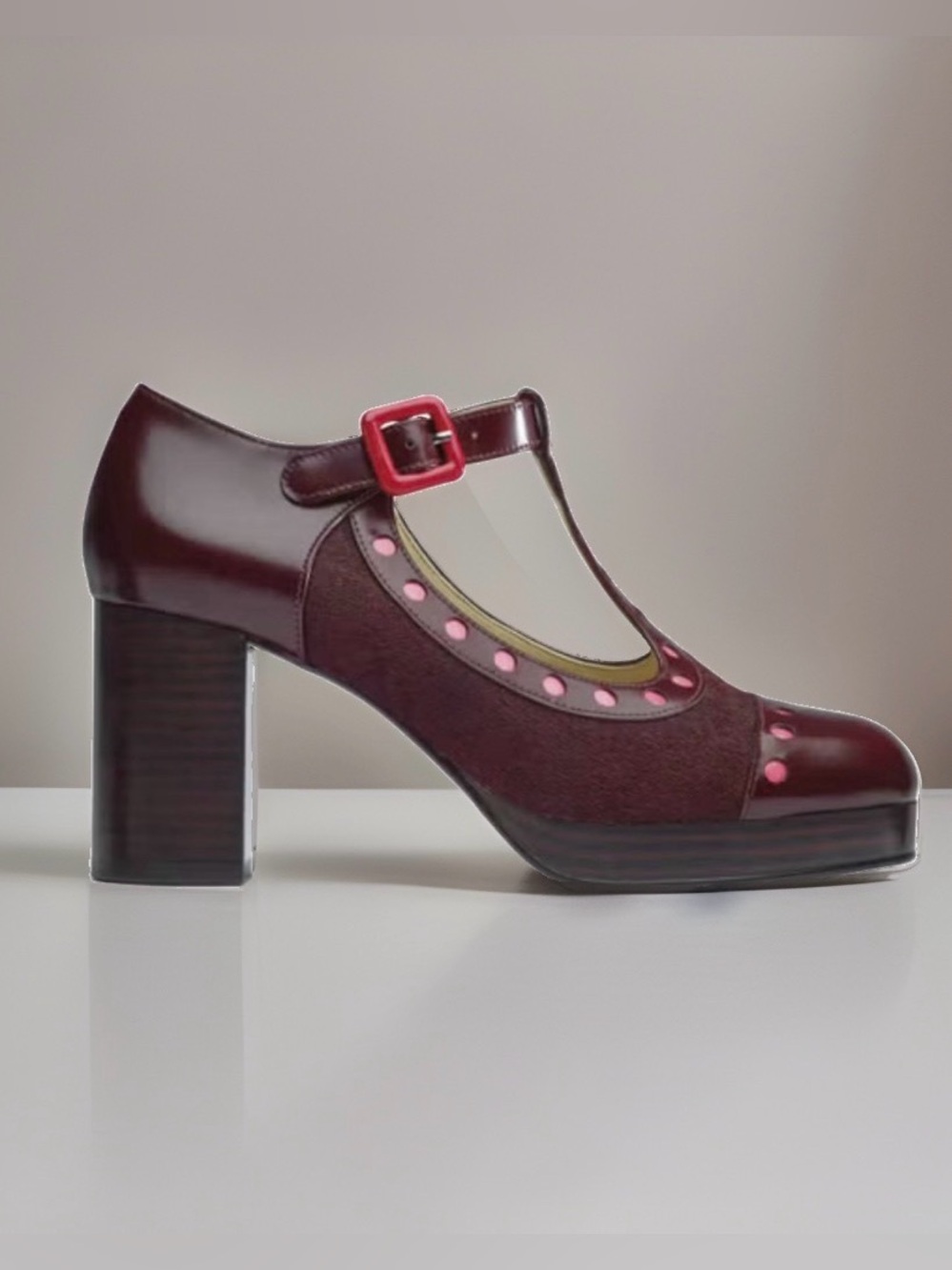 Clarks X Orla Kiely  Dotty Oxblood T-Strap Mary Jane Twee 60s Rare Retro Shoes~9